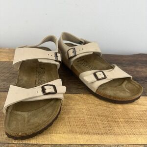 Birkenstock BirkiS Size 38 (US 7) Beige Leather Two Strap Buckle Cork Sandals